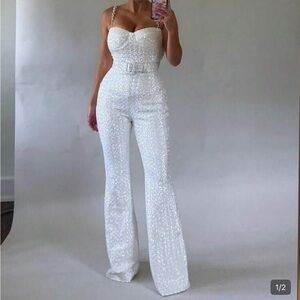 SHEIN White Sequin Flare Jumpsuit